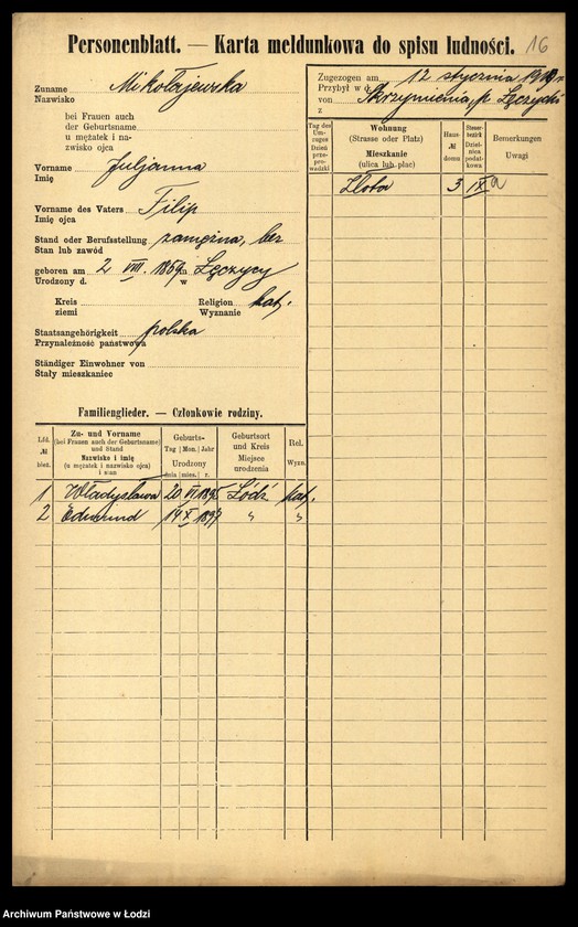 Obraz 19 z jednostki "[Spis ludności Łodzi] Mikołajew - Milchteich"