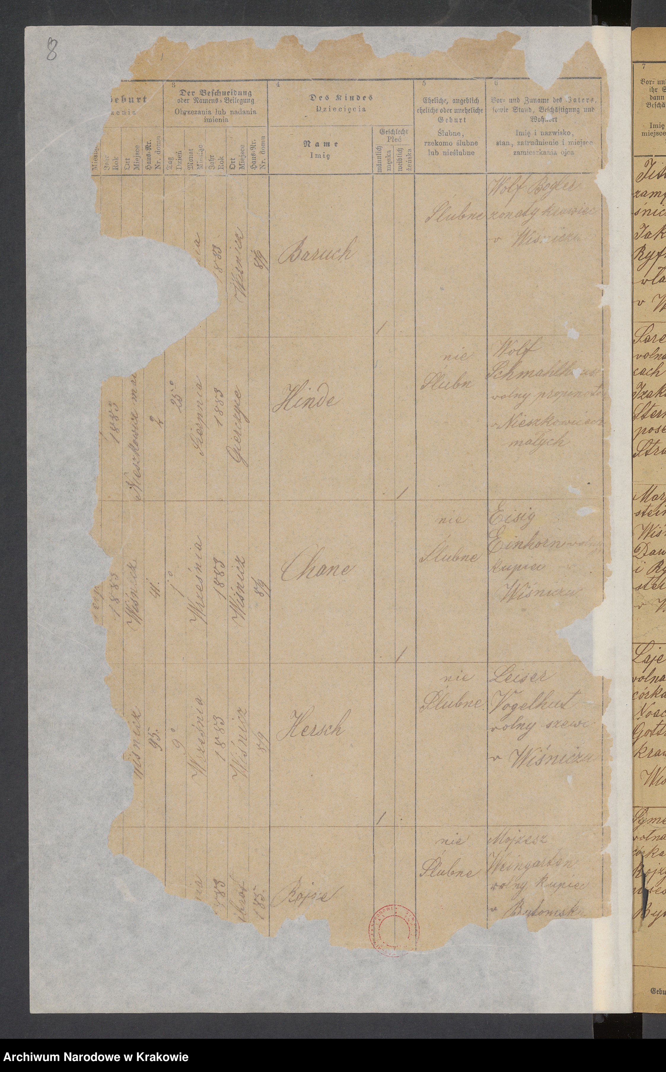 Skan z jednostki: Księga metrykalna urodz.[onych] w Wiśniczu. Tom V [z lat 1883 - 1888]