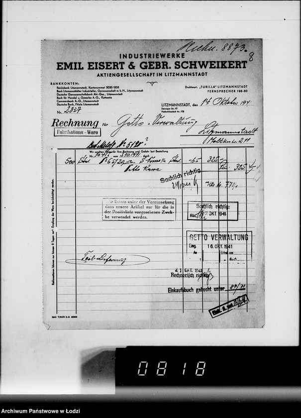 Obraz 12 z jednostki "E. Rechnungen [za dostawy towarów spoza Getta]"