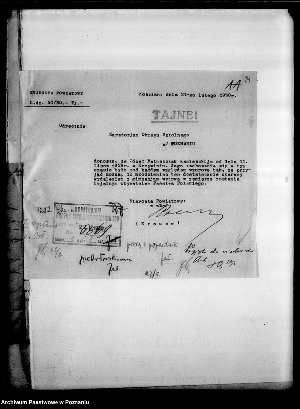 Obraz 18 z jednostki "Państwowe Gimnazjum imienia Przemysława - Rogoźno [protokół z egzaminu dojrzałości] [uczeń Józef Matuszczak wydalony z gimnazjum z Gostynia pod zarzutem agitacji komunistycznej]"