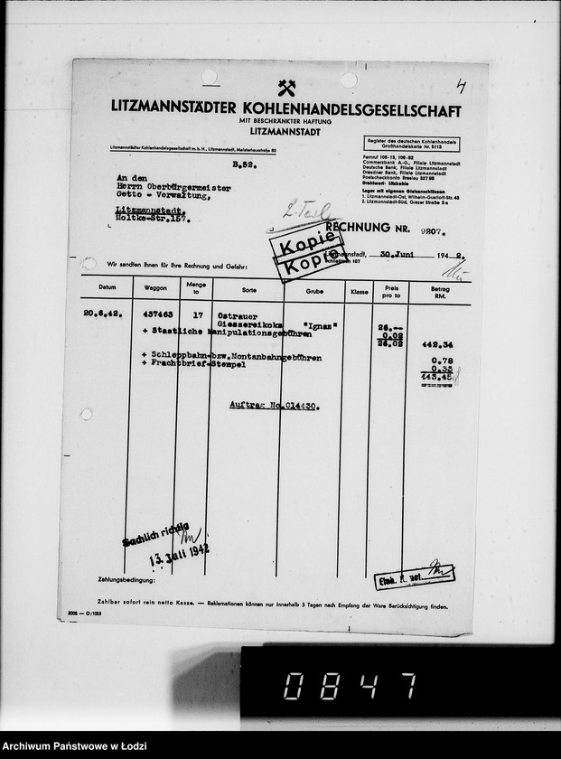 Obraz 8 z jednostki "Aufträge [Lieferscheinen und Rechnungen] 14370-14430 [Dostawy artykułów pierwszej potrzeby do Getta]"