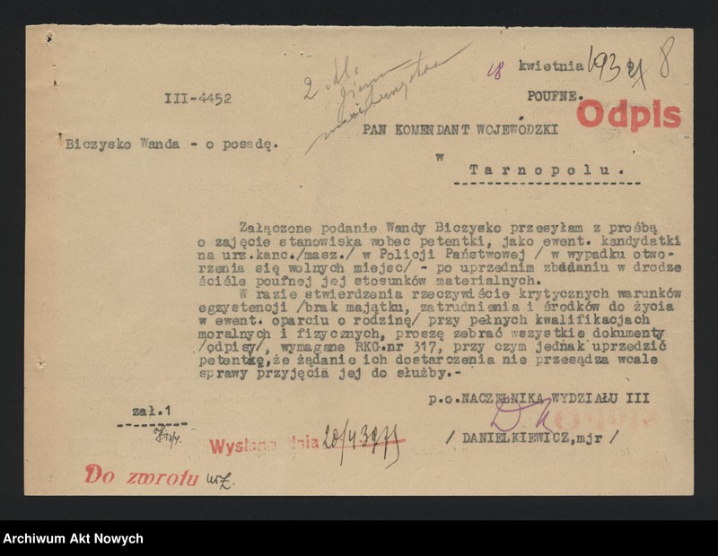 image.from.unit.number "Przyjęcie do służby w Policji Państwowej Eleonory Wandy Biczysko. Dokumentacja osobowa, korespondencja."