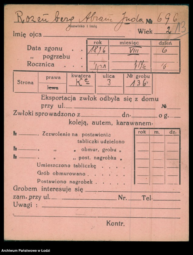Obraz 14 z jednostki "Kartoteka osób pochowanych na cmentarzu żydowskim przy ulicy Brackiej w latach 1892-1954. Nazwiska na litery: Rozenbe-Rozenf"