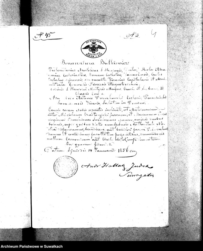 image.from.unit.number "Dowody do Akt Ślubnych z Parafii Suwalskiej 1856 r."
