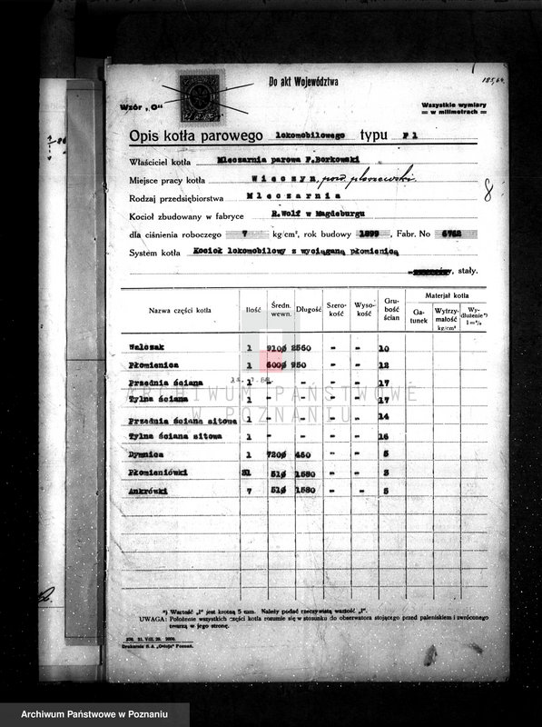Obraz 12 z jednostki "Mleczarnia w Wieczynie pow. jarociński własność Fr. Borkowski nr fabr kotła 6762, nr woj. kotła 1925"