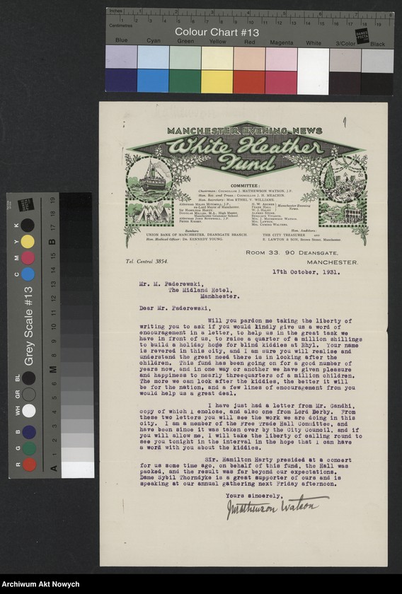 image.from.unit.number "Manchester Evening News White Heather Fund; Załączniki: listy lorda Derby i M. K. Gandhiego do I. Mathewson Watson
