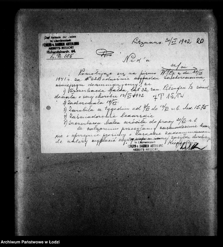 Obraz 20 z jednostki "Federn-und Daunen Abteilung [Zasiłki chorobowe dla pracowników wydziału, zaświadczenia lekarskie, listy pracowników]"