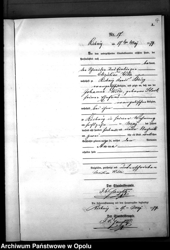 Obraz 20 z jednostki "Geburts-Neben-Register Standes-Amt Riebnig 1879"