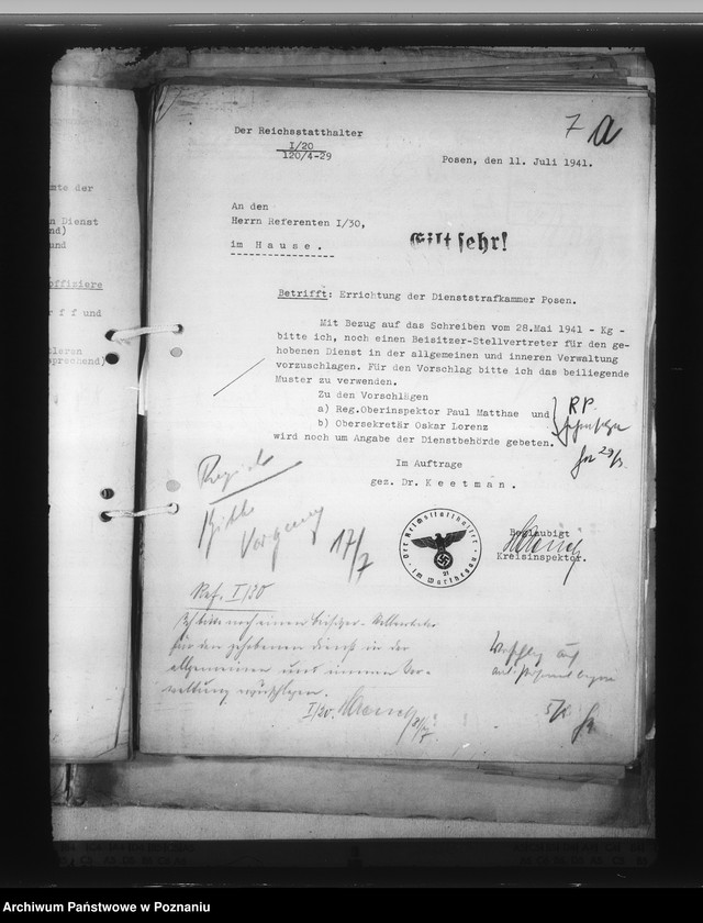 Obraz 12 z jednostki "Zarządzenia i korespondencja w sprawie organizacji Dienstarafkammer Posen"
