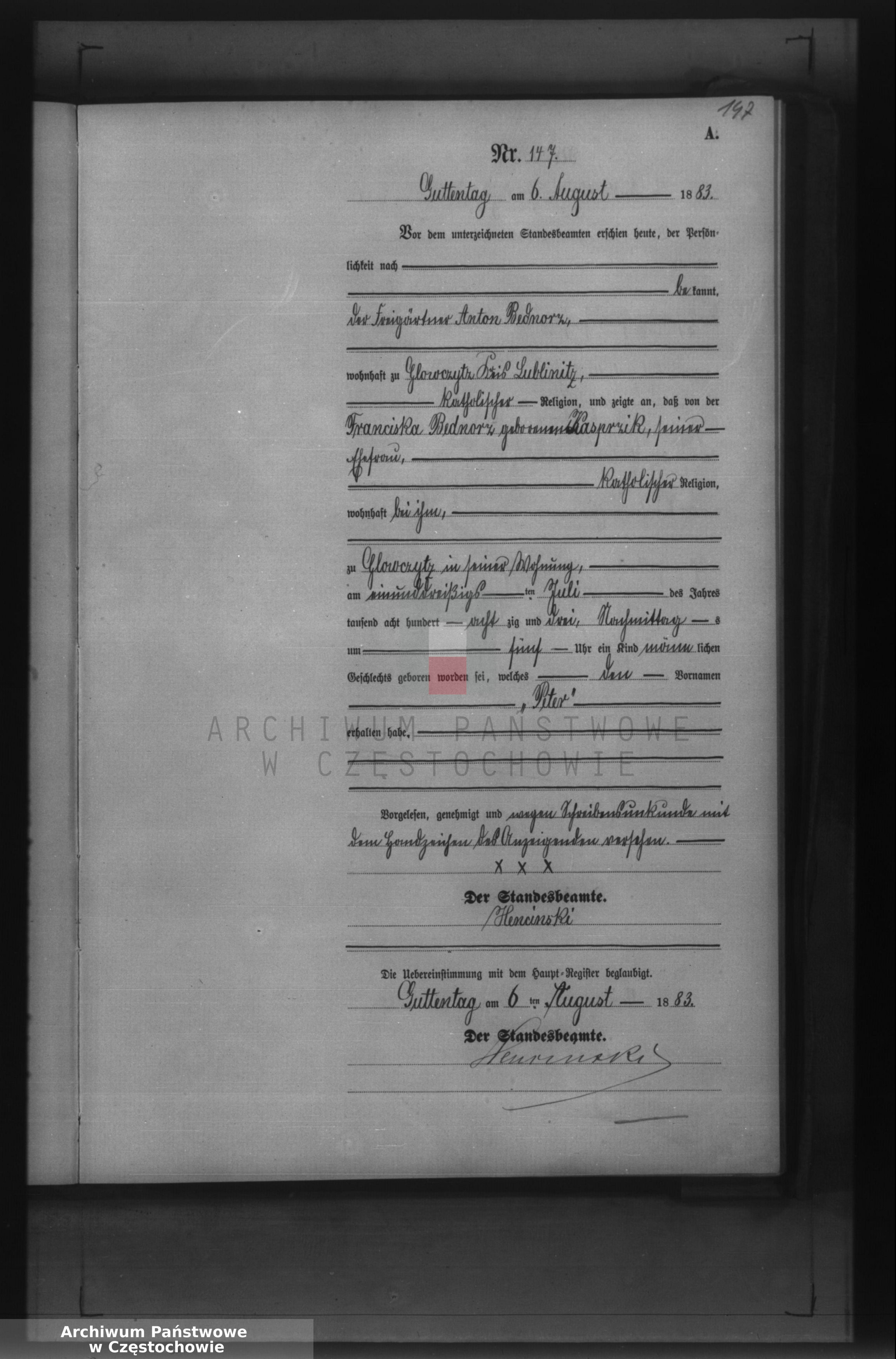 Skan z jednostki: Geburts - Neben Register des Königlich Preussischen Standesamts Guttentag im Kreise Lublinitz pro 1883.