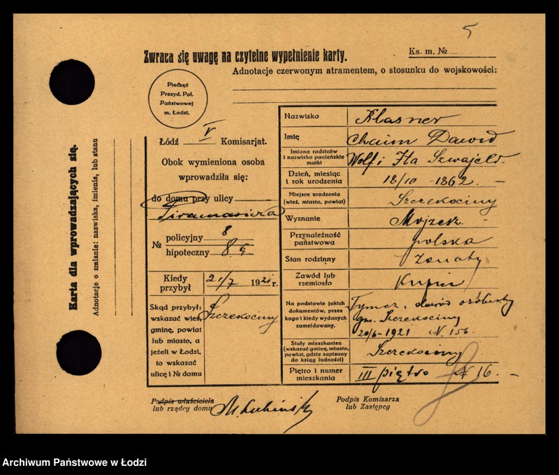 Obraz 7 z jednostki "[Spis ludności Łodzi] Klarowski - Klekotek"