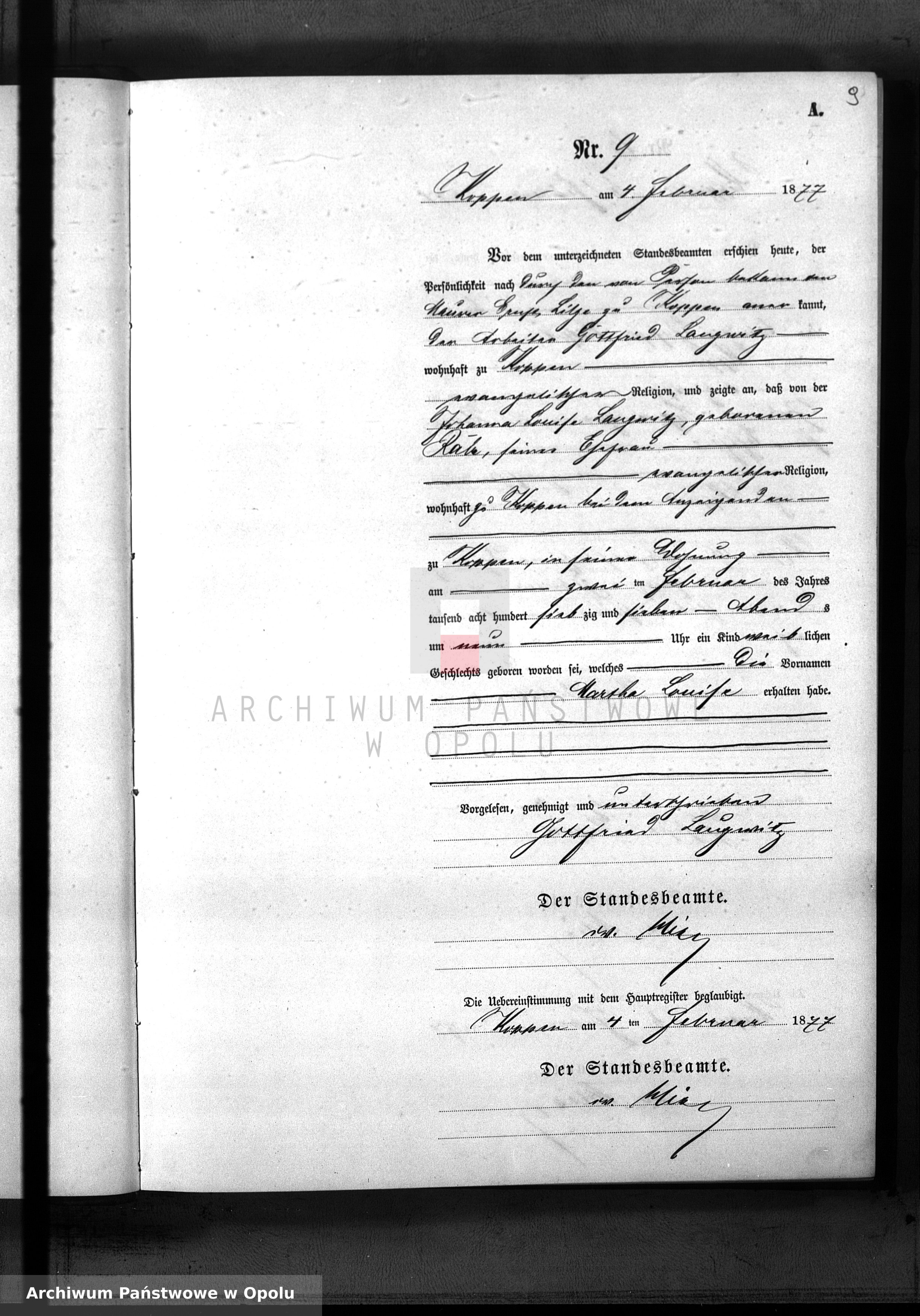 Skan z jednostki: Geburts-Neben-Register des Standesamtes Koppen 1877