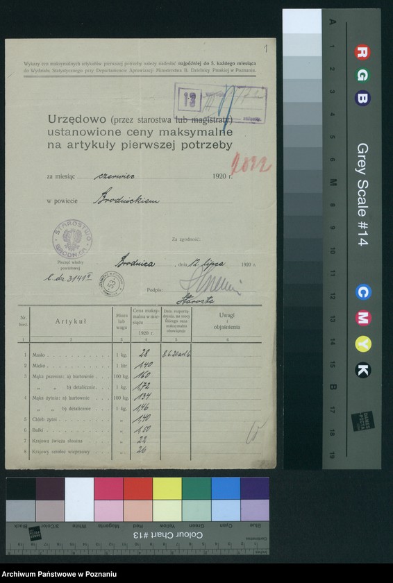 Obraz 3 z jednostki "[Wykazy cen maksymalnych artykułów spożywczych w poszczególnych miastach Województwa Pomorskiego za miesiące czerwiec i lipiec 1920 roku]"