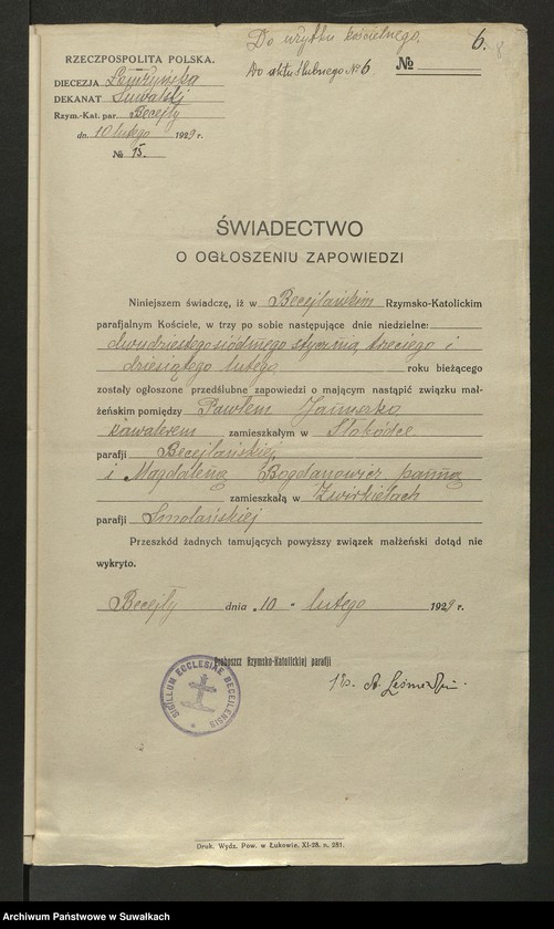 image.from.unit.number "Dokumenty Do aktów zaślubionych Smolańskiej R.K. Paraji za 1929 rok"