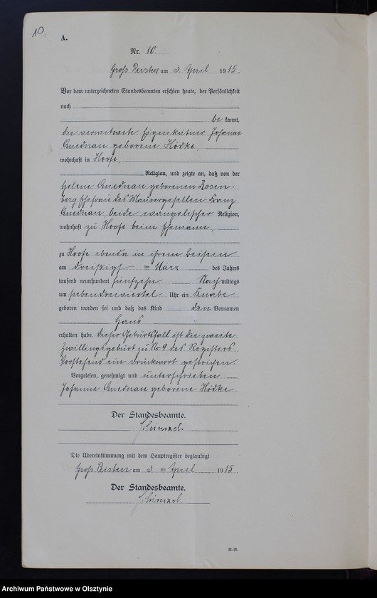 image.from.unit.number "Geburts-Neben-Register Nr 1 - 22 [Księga urodzeń- wtóropis ]"