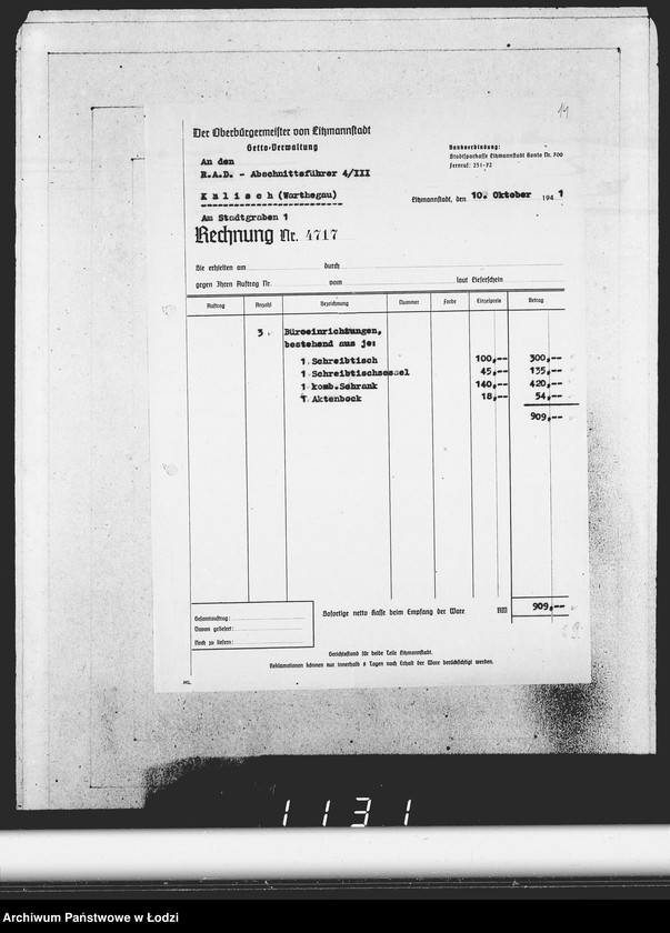 Obraz 18 z jednostki "Konto 00, Komm.221-240. [Rachunki i potwierdzenia odbioru mebli biurowych, kuchennych]"