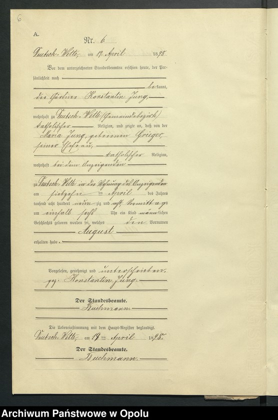 Obraz 10 z jednostki "Geburts-Neben-Register des Standesamts Deutsch Wette pro 1898"