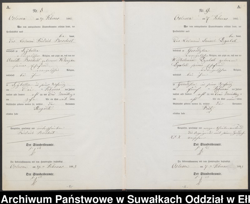 Obraz 9 z jednostki "Geburts-Neben-Register des Preussischen Standes-Amtes Orlowen Kreis Loetzen für das Jahr 1883"