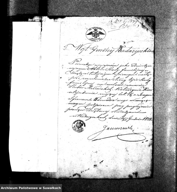 image.from.unit.number "Dowody do aktów małżeństw Parafii Ewangelickiey Wiżayny z roku 1849."