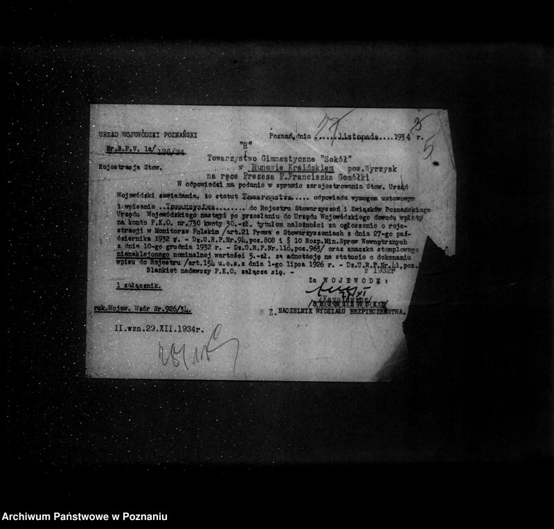 Obraz 9 z jednostki "/Towarzystwo Gimnastyczne „Sokół" w Runowie Kraińskim powiat Wyrzysk - rejestracja/"