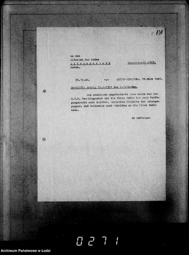 Obraz 8 z jednostki "J[uden] 1301-1320. [Wnioski Żydów z Getta o zwrot należności za towary wzięte na kredyt]"