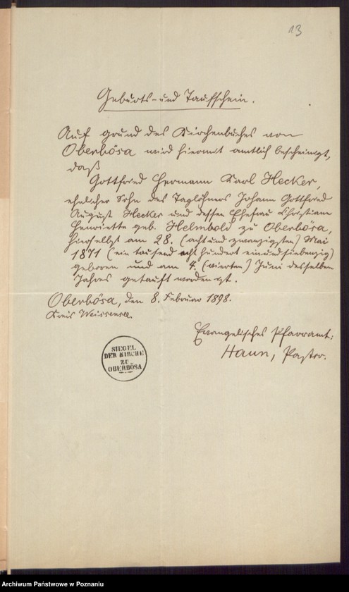 Obraz 15 z jednostki "Die von den Verlobten beigebrachten Urkunden zur Eheschliessung pro 1898"