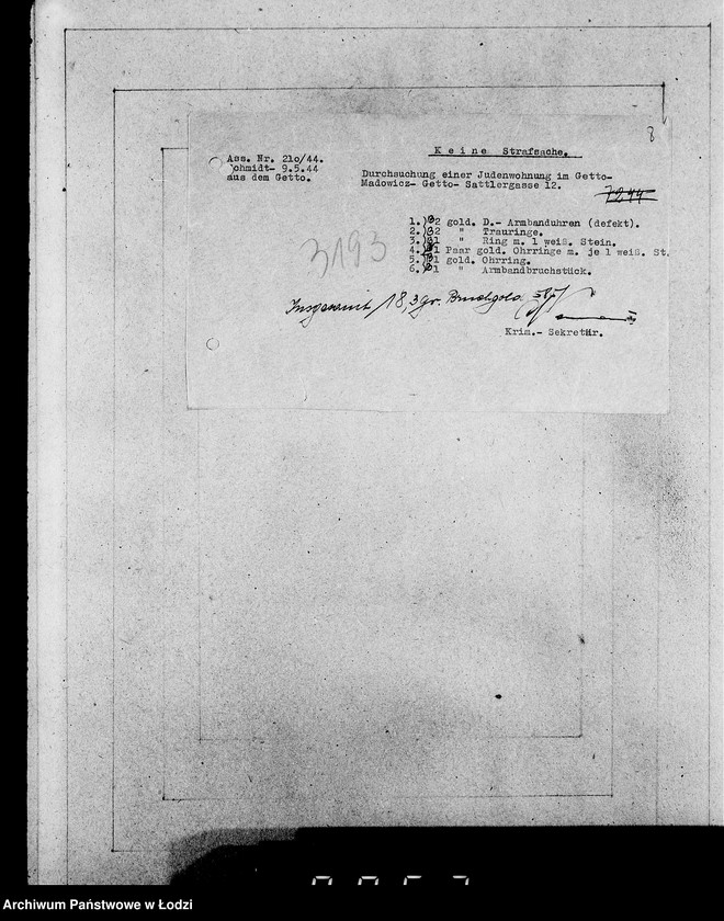 Obraz 12 z jednostki "Kripo 3000-3200 [Kartoteka skonfiskowanego majątku ruchomego u Żydów]"