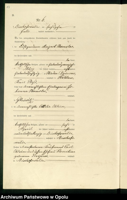 Obraz 14 z jednostki "Heiraths-Haupt-Register des Standsamts Bischofswalde pro 1900"