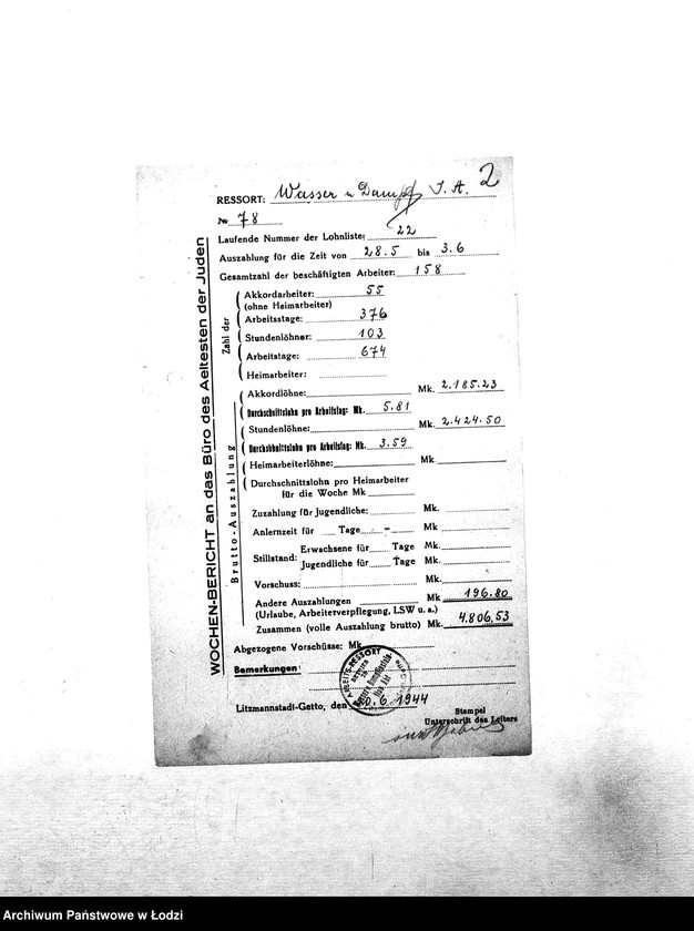 Obraz 5 z jednostki "[Tygodniowe sprawozdania resortów pracy: liczba pracowników, czas pracy, wysokość płacy]"