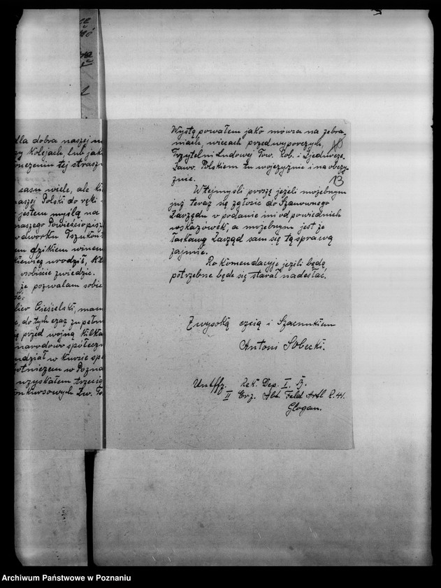 Obraz 19 z jednostki "Korespondencja różna - miedzy innymi sprawozdanie z posiedzenia Komitetu Politycznego w Berlinie, wnioski o subwencję dla Gazety Olsztyńskiej, protest profesora Eugeniusza Romera odnośnie objęcia jedynie Królestwa Polskiego nazwą Polski (nr 482), listy dra Celichowskiego"