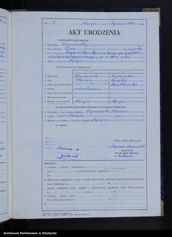 image.from.unit.number "Ksiega urodzeń Nr 1 - 83 /przepisana w języku polskim z oryginału niemieckiego w dniach  24.06.-27.06 1961/"