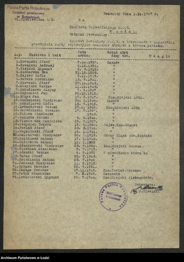 Obraz 16 z jednostki "Wykazy wykluczonych z partii i ubyłych z innych przyczyn [z lat 1945 - 1947]"