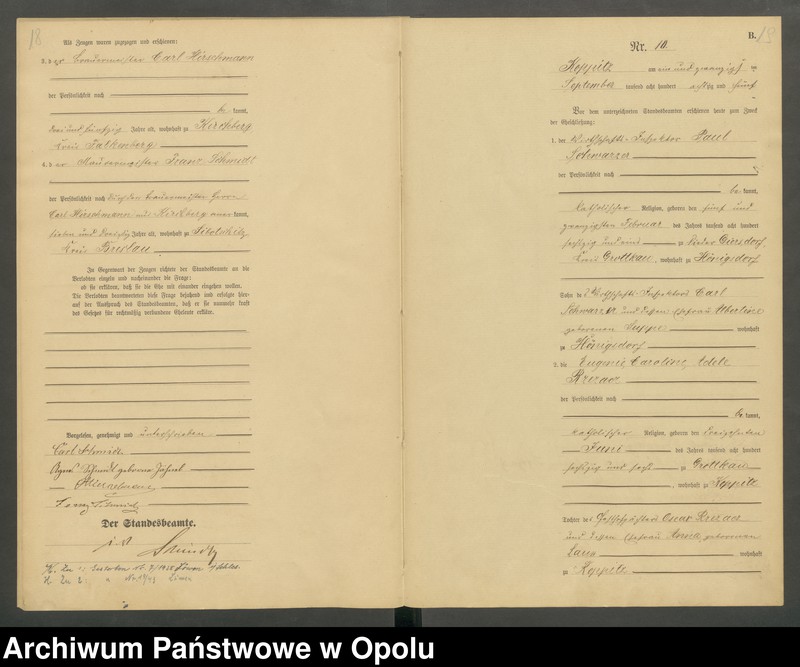 Obraz 12 z jednostki "Heiraths-Haupt-Register Standesamts Koppitz pro 1885"