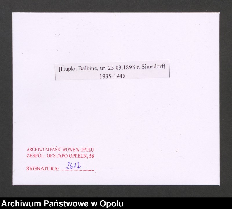 Obraz 2 z jednostki "[Hupka Balbine, ur. 25.03.1898 r. Simsdorf]"