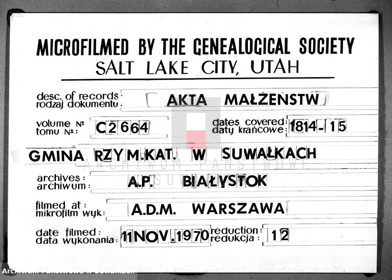 image.from.unit.number "Księga aktów śłubnych gminy suwalskiey, powiatu dąbrowskiego w departamencie łomżyńskim od dnia 1-go miesiąca Maja 1814 po 1-go miesiąca Maja 1815 r-u"