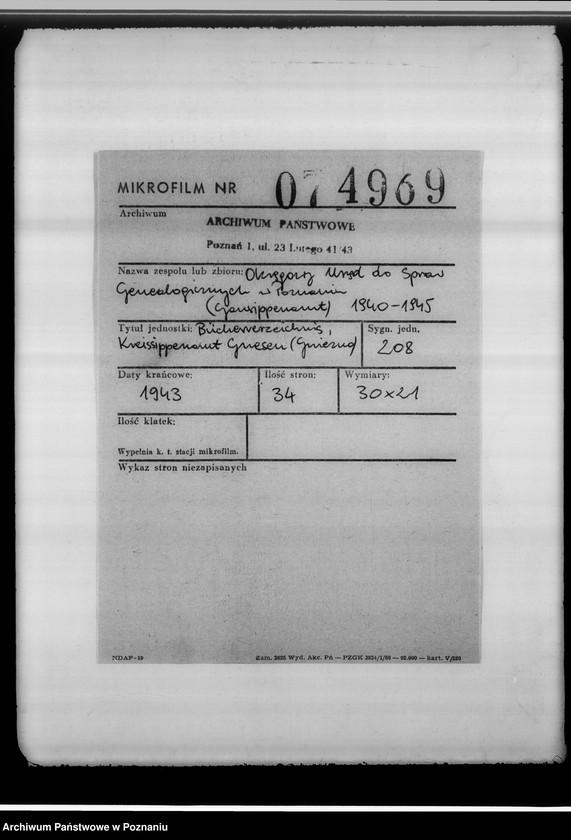 Obraz 2 z jednostki "Bücherverzeichnis, Kreissippenamt Gnesen [Gniezno]"