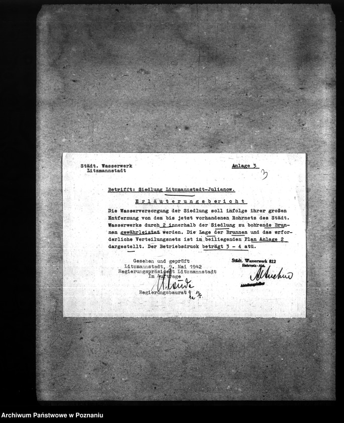 Obraz 9 z jednostki "Der Oberbürgermeister von Litzmannstadt. Finanzierungsbeihilfe "Am Wiesenhang". Wasserversorgung"