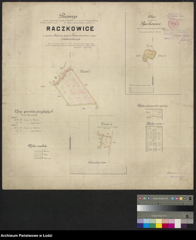 Obraz 1 z jednostki "Pierworys gruntów wydzielonych z majątku Cielętniki ... tytułem zamiany oddanych na własność wsi Raczkowice w gminie Dąbrowa Zielona ..."