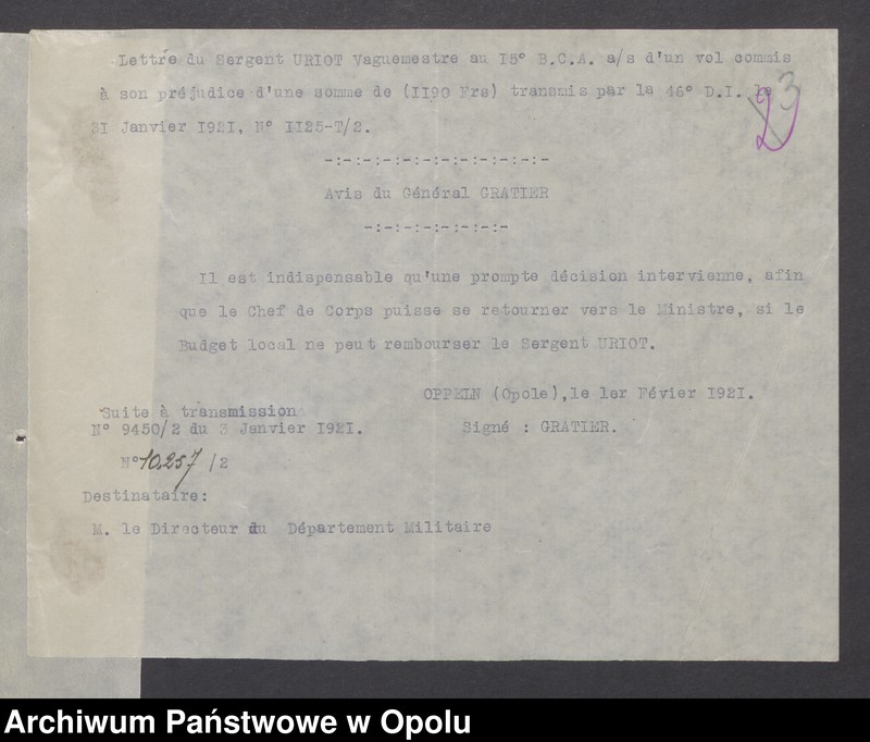 Obraz 5 z jednostki "Sorties /Korespondencja własna wychodząca - pisma, zarządzenia/ 1.02.1921 - 14.04.1921"