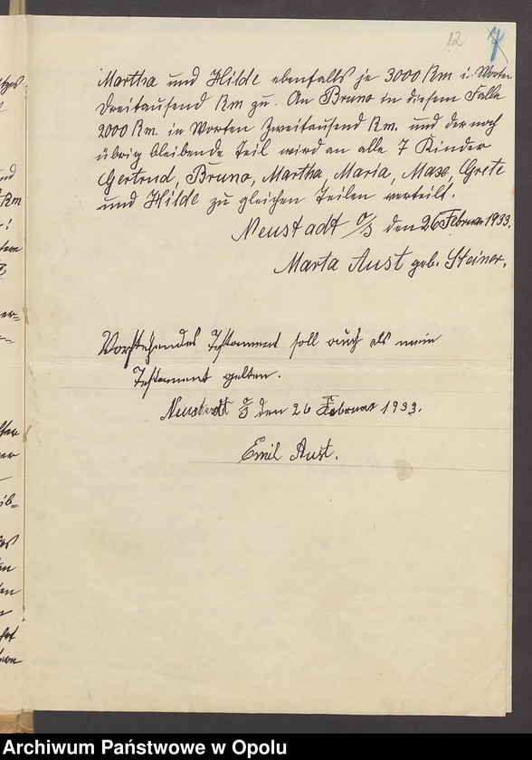 image.from.unit.number "Verfügung von Todes wegen des Maschinenbauers Emil Aust und seiner Ehefrau Marta geb[orene] Steiner in Neustadt"