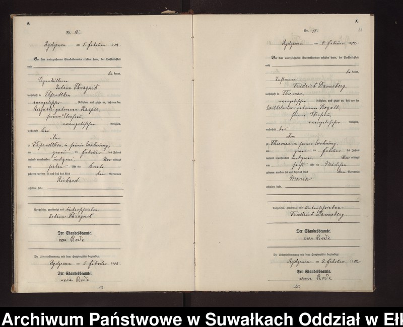 image.from.unit.number "Geburts-Neben-Register des Preussischen Standes-Amtes Rydzewen Kreis Lötzen"