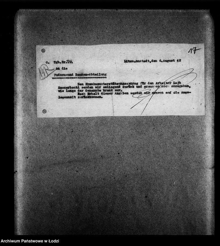 Obraz 17 z jednostki "Federn-und Daunen Abteilung [Zasiłki chorobowe dla pracowników wydziału, zaświadczenia lekarskie, listy pracowników]"