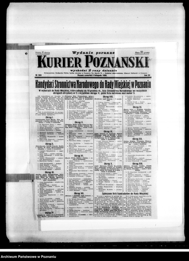 image.from.unit.number ""Kurier Poznański" z dnia 3 listopada 1938 roku z listą kandydatów Stronnictwa do wyborów samorządowych. Kartki wyborcze Stronnictwa Narodowego"