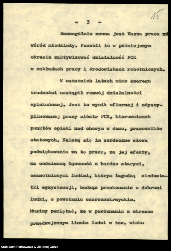 Obraz 17 z jednostki "Zdrowie. Przemówienia pracowników wydziału z okazji. Dnia pracownika służby zdrowia w latach 1982-1988, rocznic Wojewódzkiej Stacji Krwiodawstwa w 1978,1986; Sanepidu 1979, Sanatorium w Torzymiu w 1980, PKPS w 1984"
