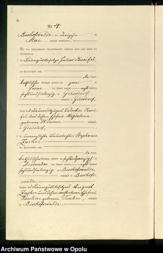 Obraz 10 z jednostki "Heiraths-Haupt-Register des Standsamts Bischofswalde pro 1900"