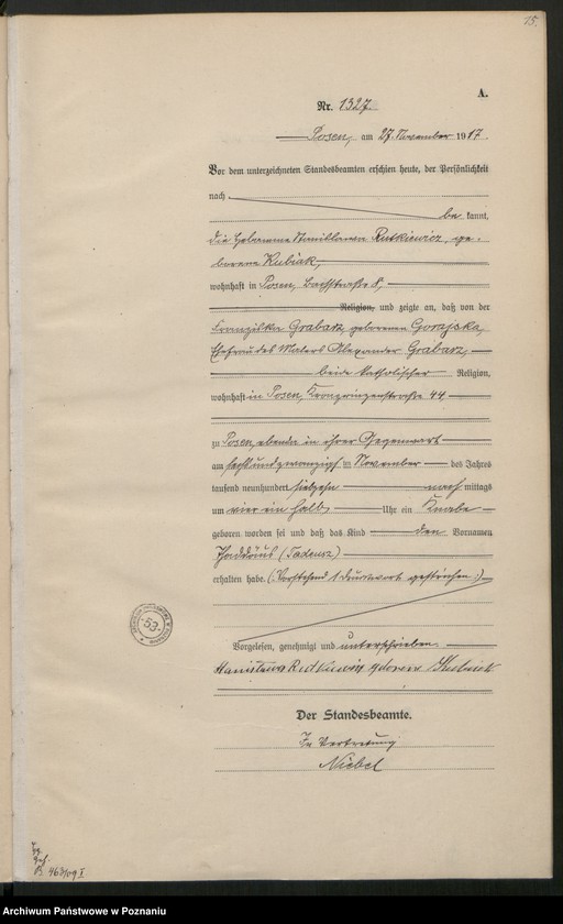 Obraz 17 z jednostki "Księga miejscowa urodzeń tom IV [Rejestr główny urodzeń]"