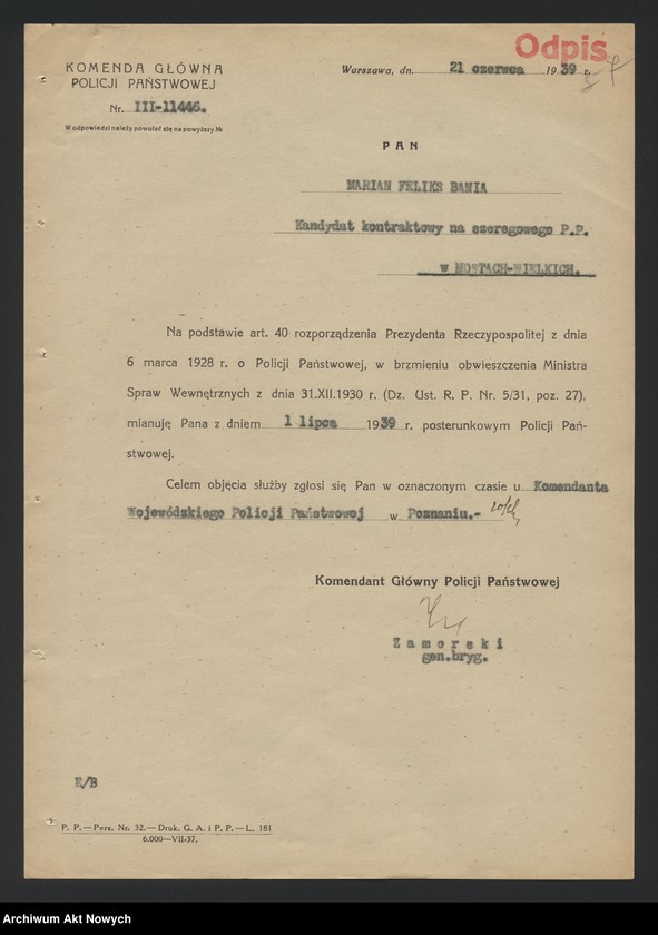 image.from.unit.number "Przydziały nowomianowanych posterunkowych Policji Państwowej w województwie poznańskim. Dekrety mianowania, wykaz, korespondencja."
