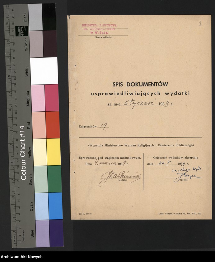 image.from.unit "Rachuba - budżet 1938/1939, (dział 6) Biblioteka Państwowa im. Wróblewskich w Wilnie: sprawozdanie rachunkowe z dowodami za styczeń, luty, marzec 1939 r."