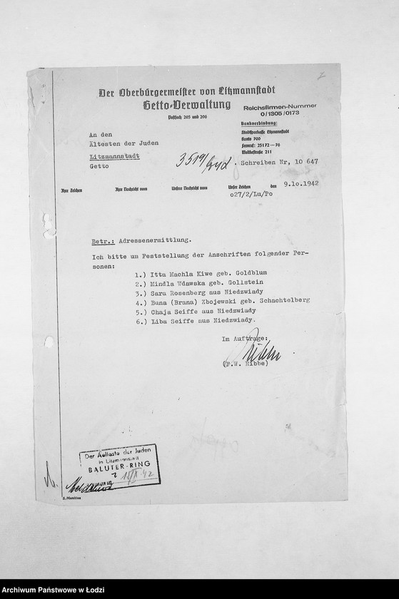 Obraz 10 z jednostki "[Korespondencja PSŻ z GV, z instytucjami i firmami niemieckimi w sprawie informacji o mieszkańcach getta: ich adresach, majątku, narodowości itp. – w związku z rentami i wierzytelnościami]"