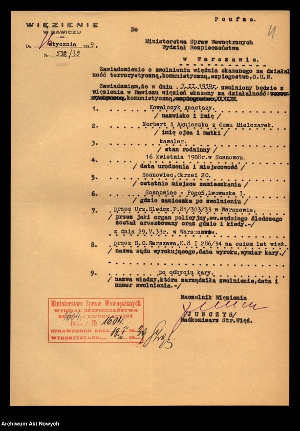 image.from.unit.number "Więzienie w Rawiczu - informacje o zwolnieniu osób skazanych za działalność komunistyczną. Kwestionariusze."